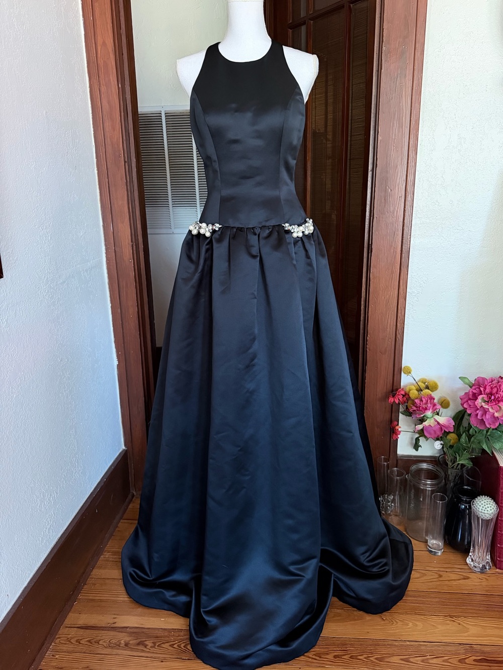 Jovani 32201 Black Racerback Halter Maxi Crystal Pocket Formal Dress Prom Sz 4